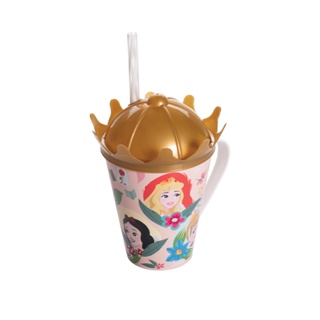 Caneca de Plástico 360 ml com Tampa Coroa e Canudo Princesas