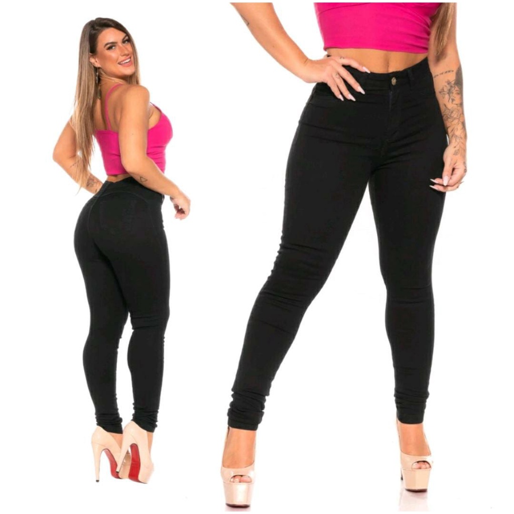 Calça jeans preta feminina super lycra modelo Skinny cintura alta e costura  levanta bumbum
