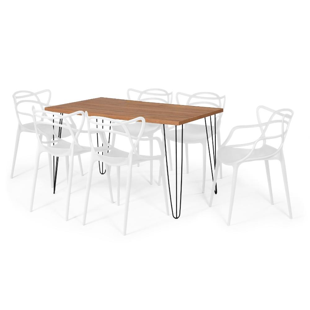 Conjunto Mesa de Jantar Retangular Hairpin Natural 130x80cm com 6 Cadeiras Allegra