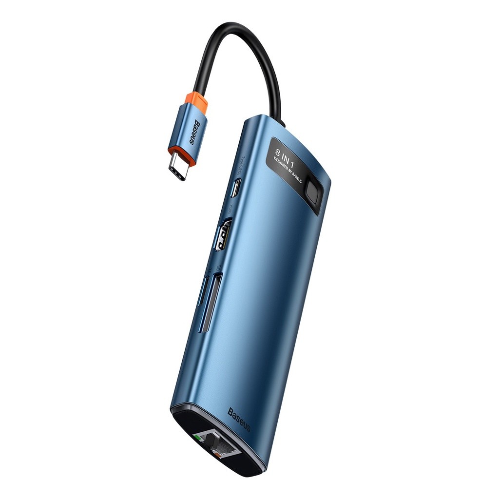 HUB Multifuncional 8 em 1 - Baseus Metal Gleam Azul - Saída - USB-C - Entrada: HDMI + 3x USB 3.0 + PD + RJ45 LAN Ethernet + SD/TF