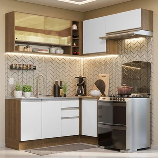 Armário de Cozinha Completa de Canto 349cm Rustic/Branco Glamy Madesa 06 em Oferta na Shopee
