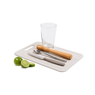 Kit Caipirinha 5 peças Copo 350ml + Faca e Colher Bailarina inox + Socador de madeira + tábua antibac.