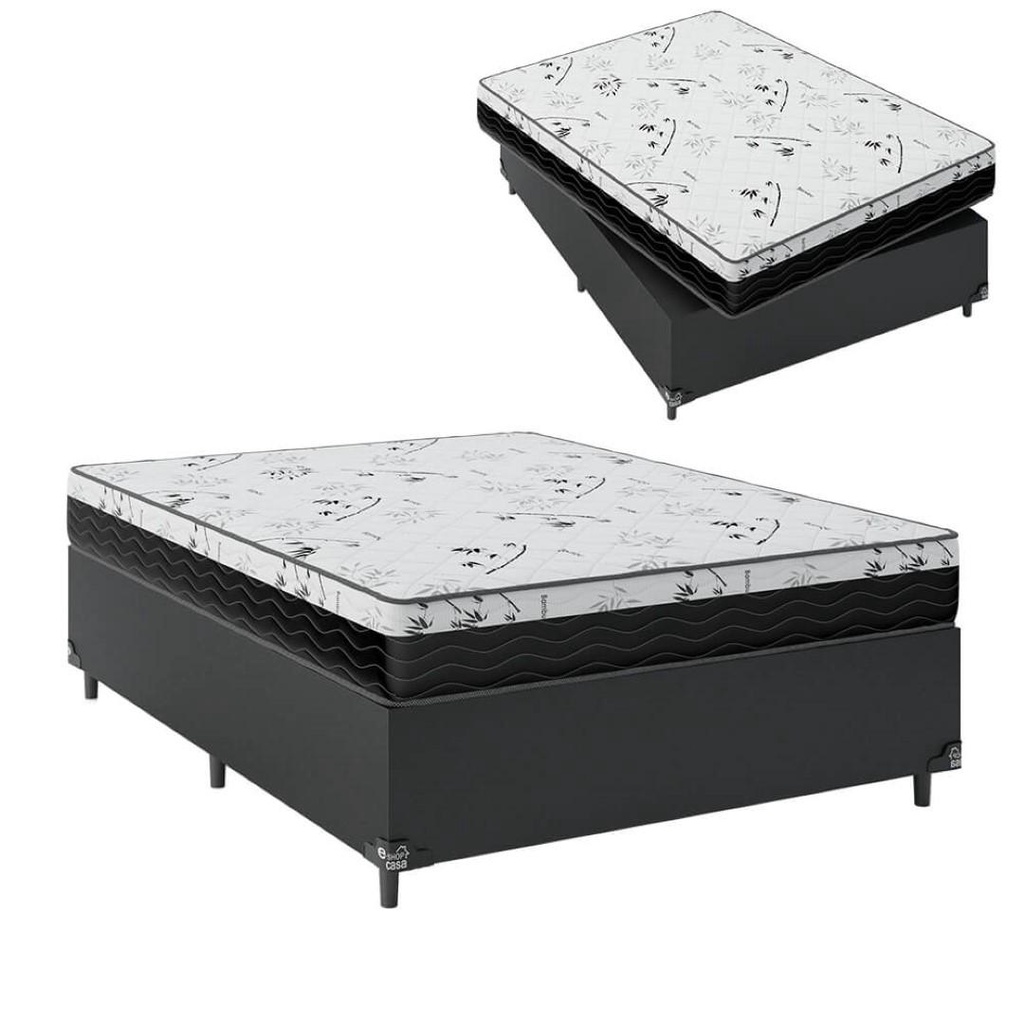 Cama Box Casal + Colchão D33 One Face - Couro Preto