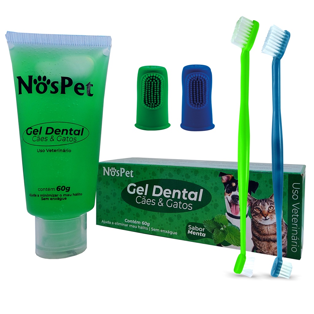 Escova de Dente Gel Dental Kit Higienico para Cães E Gatos Petshop Nospet 60g