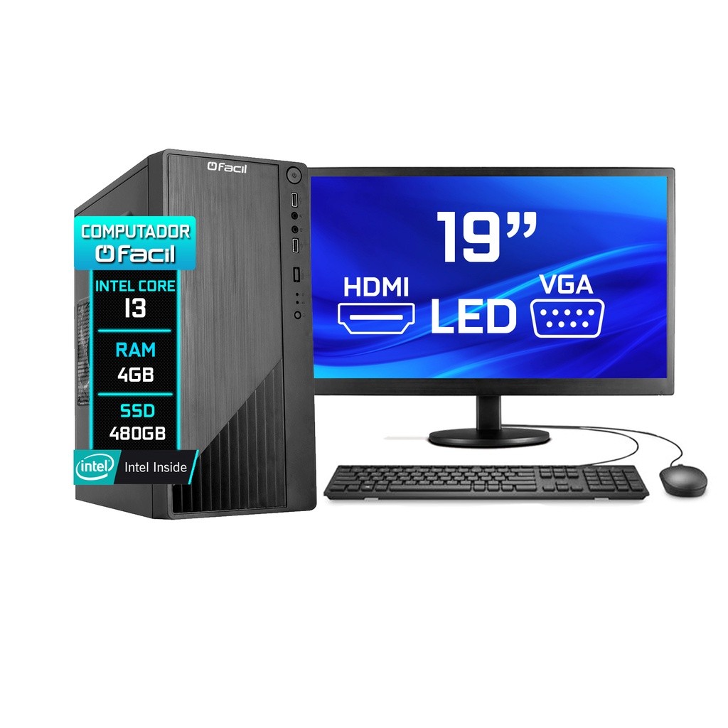 Computador Fácil H61 Intel Core i3 (2ª Geração) 4GB SSD 480GB Monitor 19" LED HDMI - Teclado e Mouse