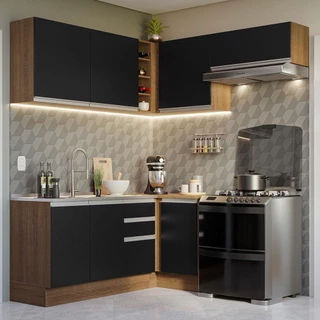 Armário de Cozinha Completa de Canto 349cm Rustic/Preto Glamy Madesa 07 em Oferta na Shopee