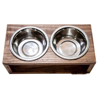 Comedouro Duplo Para Cães e Gatos Madeira Com Potes Inox Luppet - Marrom