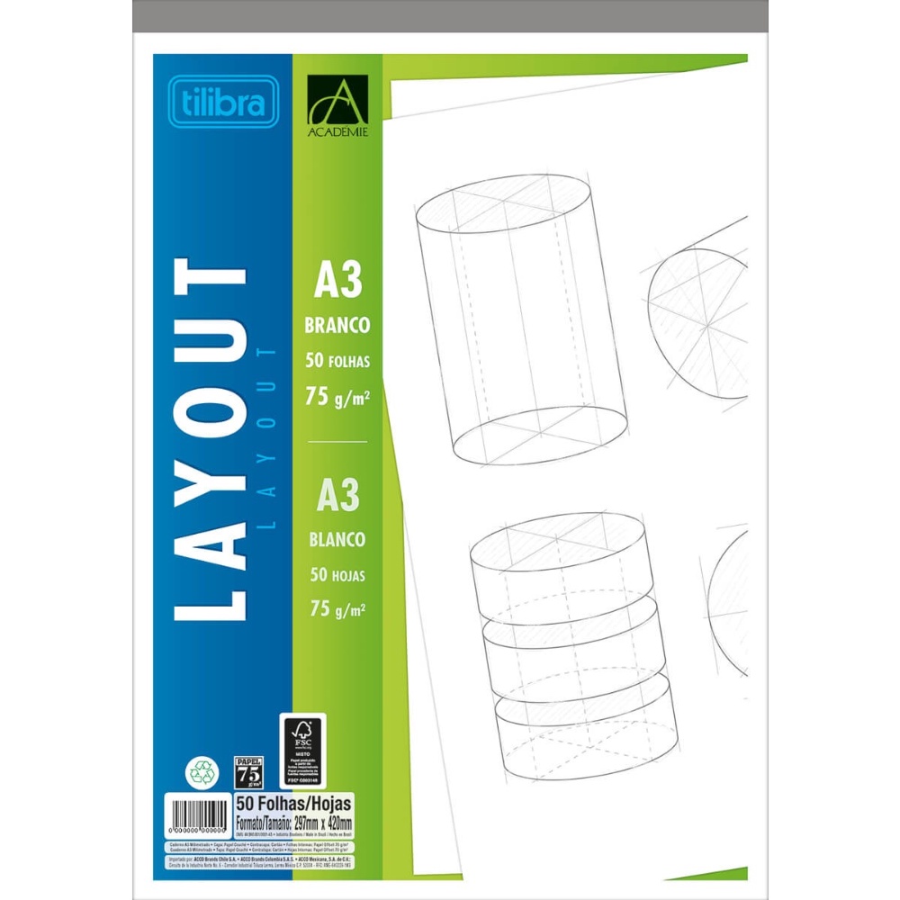 Caderno Colado Layout A3 Branco Académie 50 Folhas Tilibra