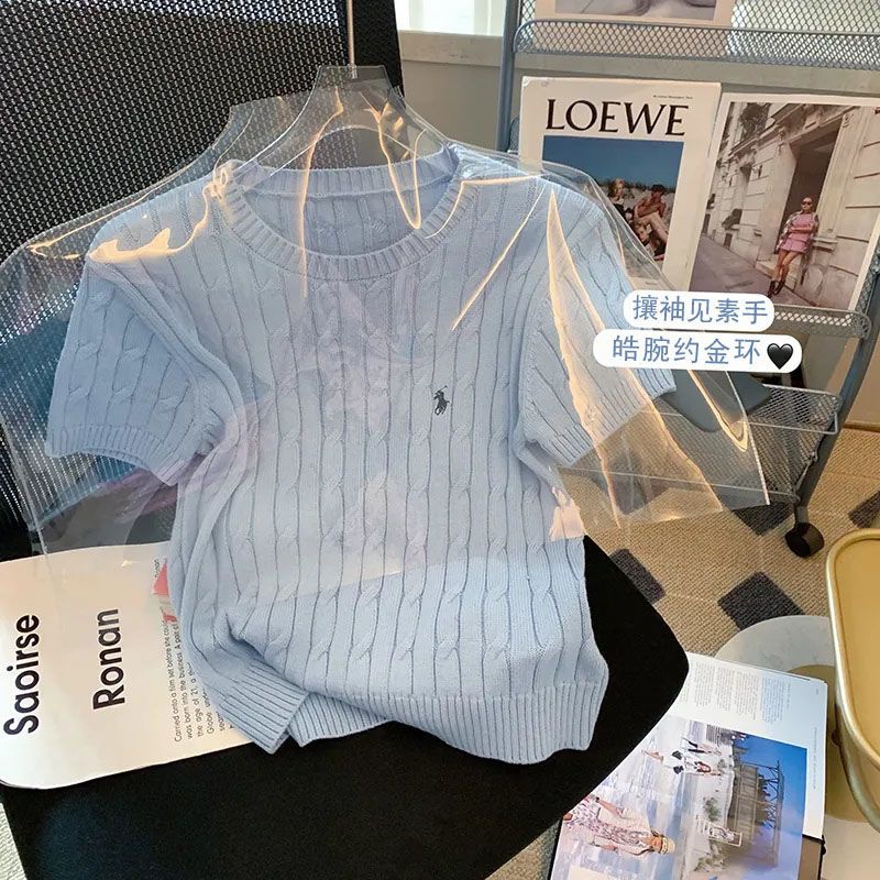 K Tricotado Topo Redondo Pescoço Curto Manga Curta Doce Fofo De Verão Novo Estilo Moda Feminina Casual