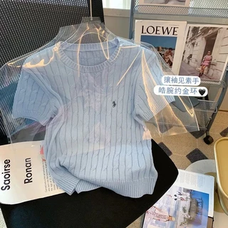 K Tricotado Topo Redondo Pescoço Curto Manga Curta Doce Fofo De Verão Novo Estilo Moda Feminina Casual