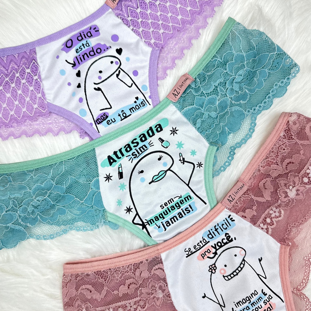 Kit 3 Calcinhas Renda Conforto Estampada Feminina