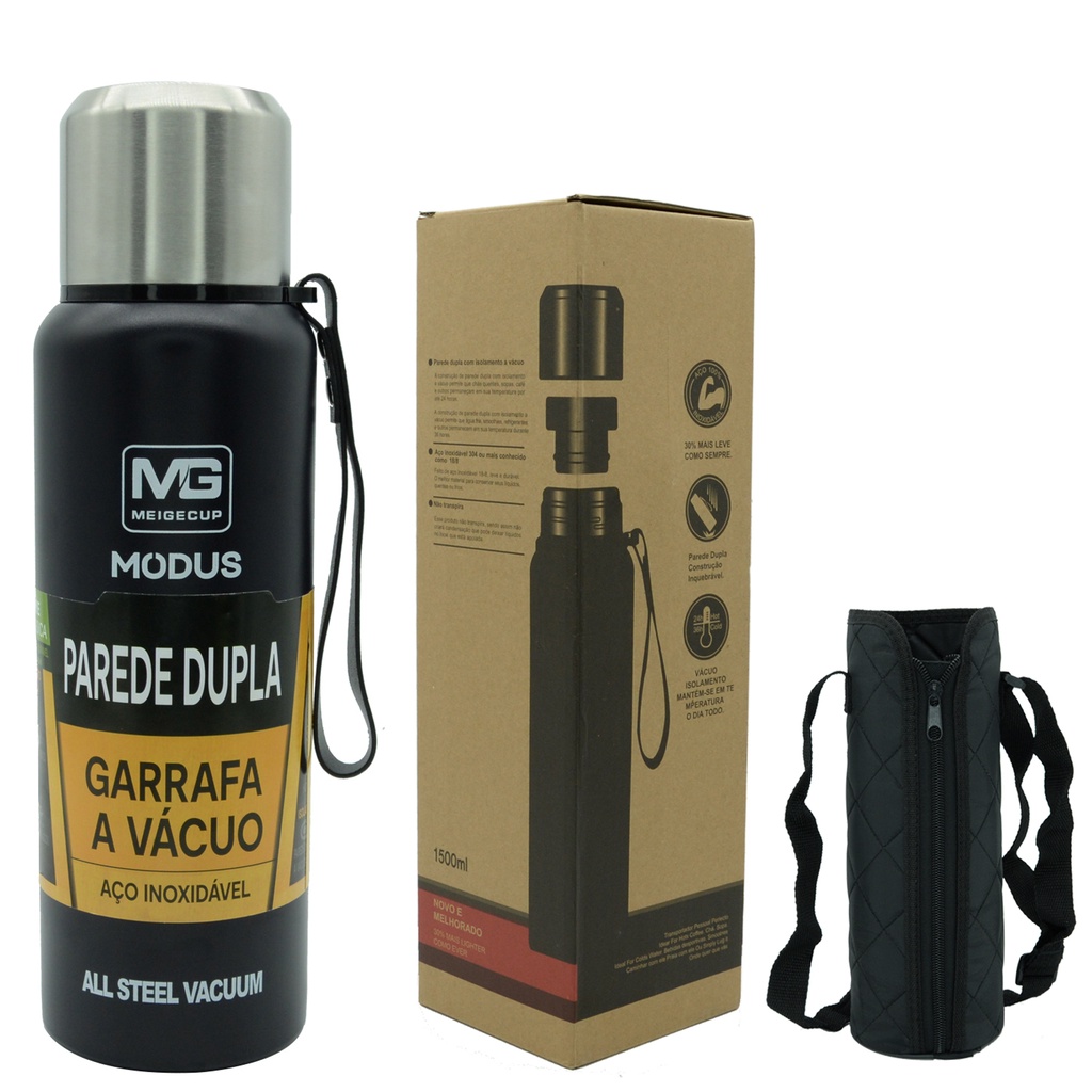 Garrafa Térmica De Isolamento A Vácuo Em Aço Inoxidável 316 Preta 1500ml
