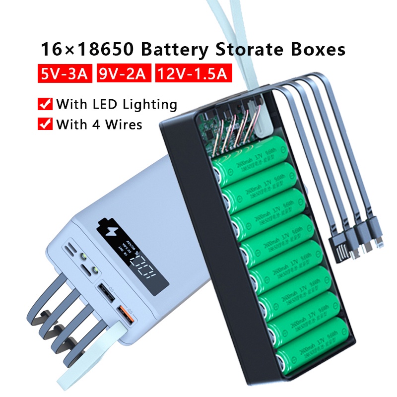 C16D 16 * 18650 Caixa Do Banco De Energia USB Duplo Com 4 Fios LEDS Iluminação DIY Destacável QC3.0 Caixas De Armazenamento De Bateria De Carga