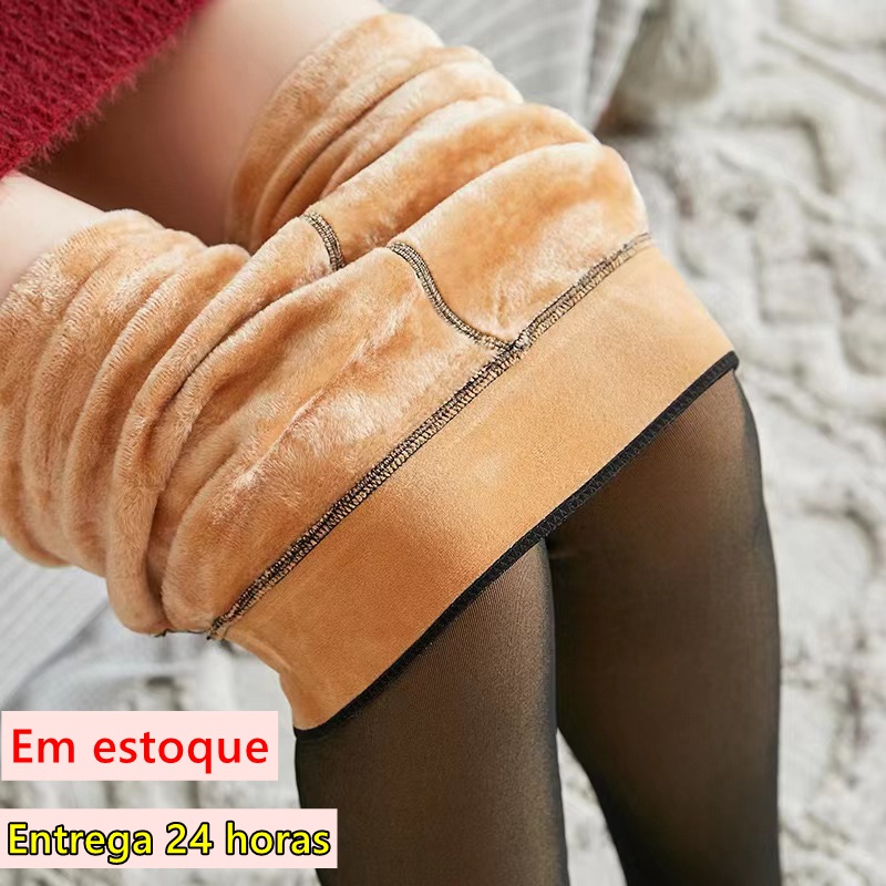 Meia-Calça Térmica Forrada Peluciada Translúcida P-G de Lã Legging Grossa Inverno Super Quente Feminina