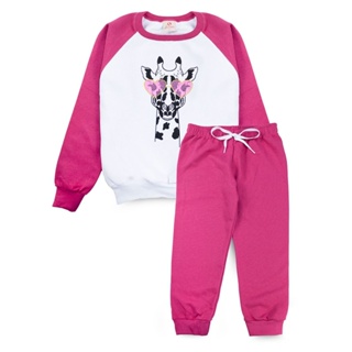 Conjunto Infantil Feminino Moletom Girafa com Óculos Pink 0045 - Laluna