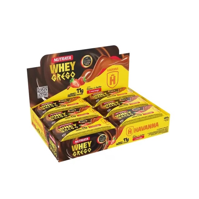 Whey Grego Bar Caixa com 12 Unidades (480g) – Sabor: Dulce de Leche e Morango