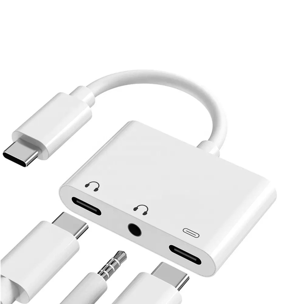 Cabo Adaptador 3 em 1 Duplo Android USB C Type C Branco - Carregador e Fone de Ouvido