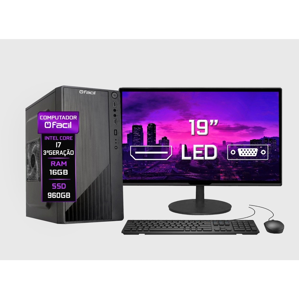 Computador Completo Fácil Intel Core I7 (3ª Geração) 16GB SSD 960GB - Monitor 19" Led Teclado e Mouse