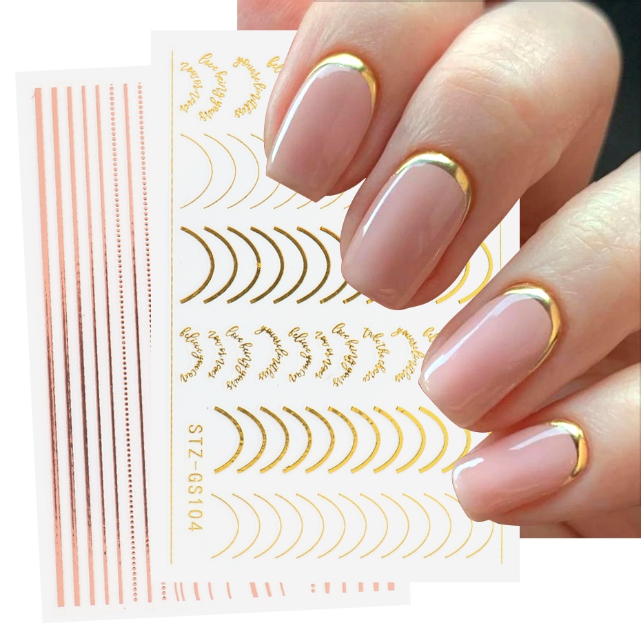 Linhas Simples Autocolantes De Unhas Rosa Gold Metal Listras Decalques Curvas Gel Decoração De Manicure Arte 3D