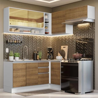 Armário de Cozinha Completa de Canto 349cm Branco/Rustic Glamy Madesa 06 em Oferta na Shopee