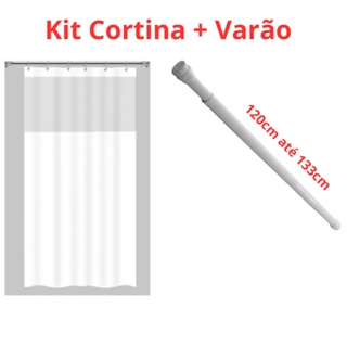 Kit Suporte Varão Banheiro 120 até 133 + Cortina Box Branca Vida Pratika Maxeb