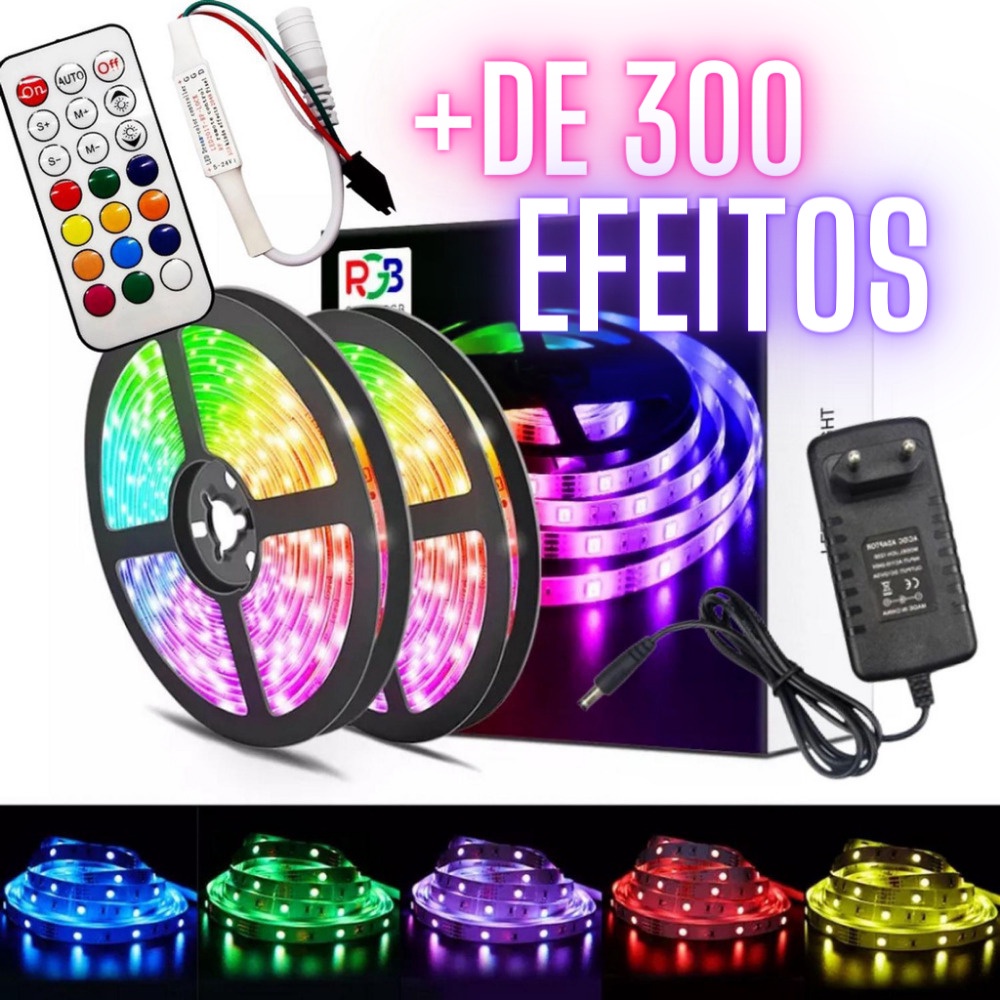 Fita Led 2811 Rgb Digital + De 300 Efeitos 5m Prova D'Água C/ Controle ...