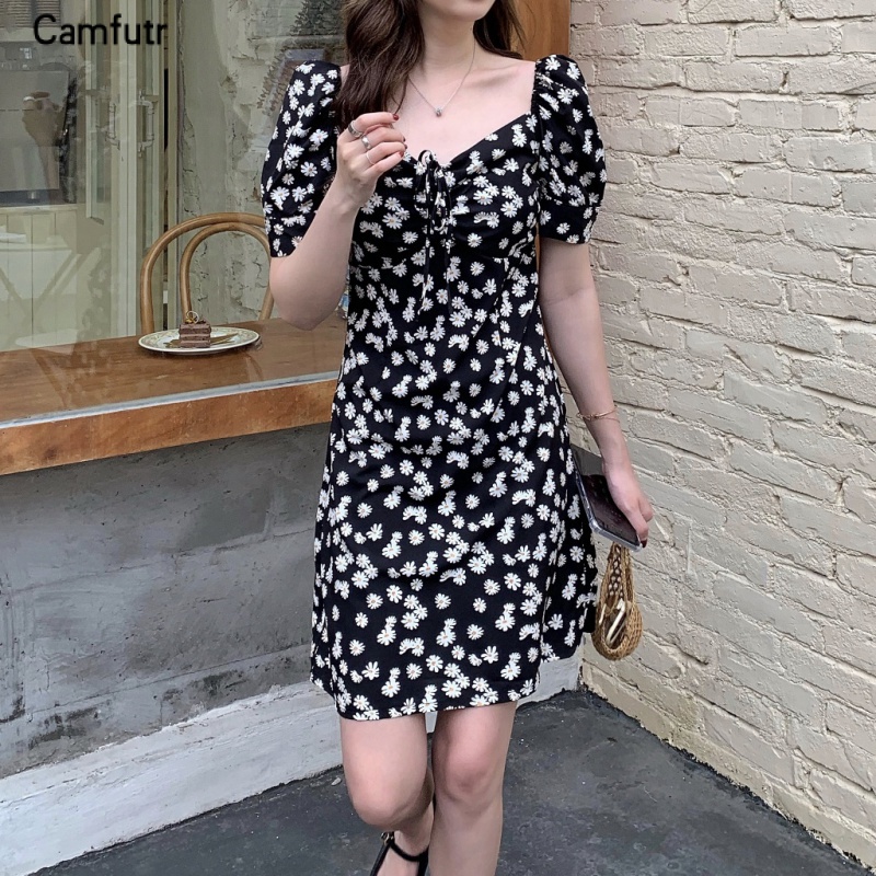 Coréia Mulher Pescoço Em V De Manga Curta Floral Margaridas Pequenas Vestido Casual