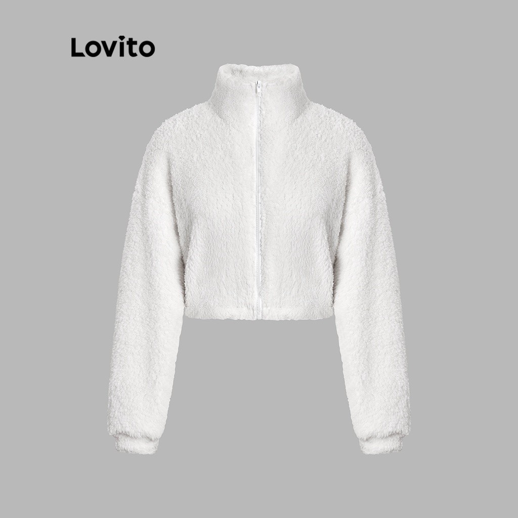 Lovito Jaqueta Casual Simples Com Zíper Gola Alta Para Mulheres L47LD012 (Branca)