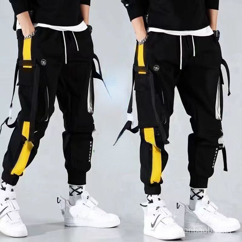 Calça Cargo Masculina Estilo Hip-Hop Listrada Com Fita Calças Jogger Plus Size Multicolorida 2023