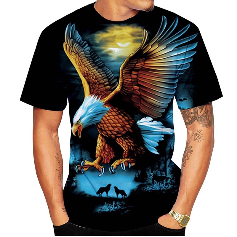 3d Eagle Impresso Manga Curta Homem Homem Homem Mulher Camiseta Esportiva Casual Moda Primavera Verão Gola Redonda Top S-5XL