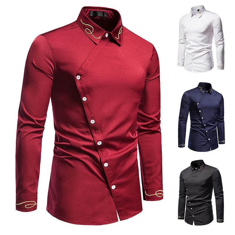 Camisa de manga comprida assimétrica bordada masculina de código europeu da primavera Camisa fina de tamanho grande