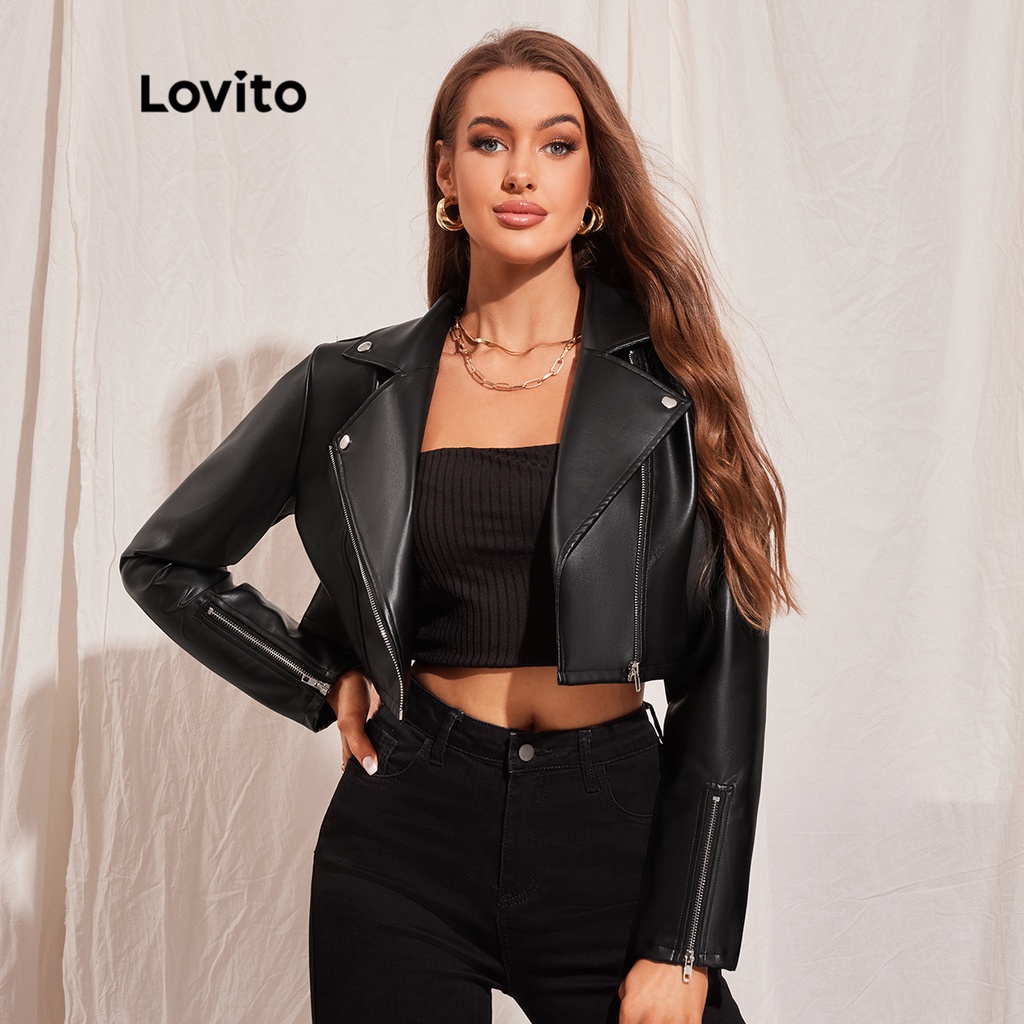 Lovito Casual Jaqueta Feminina Moto Lisa De Couro PU Com Zíper Gola De Lapela L45LD008 (Preta)