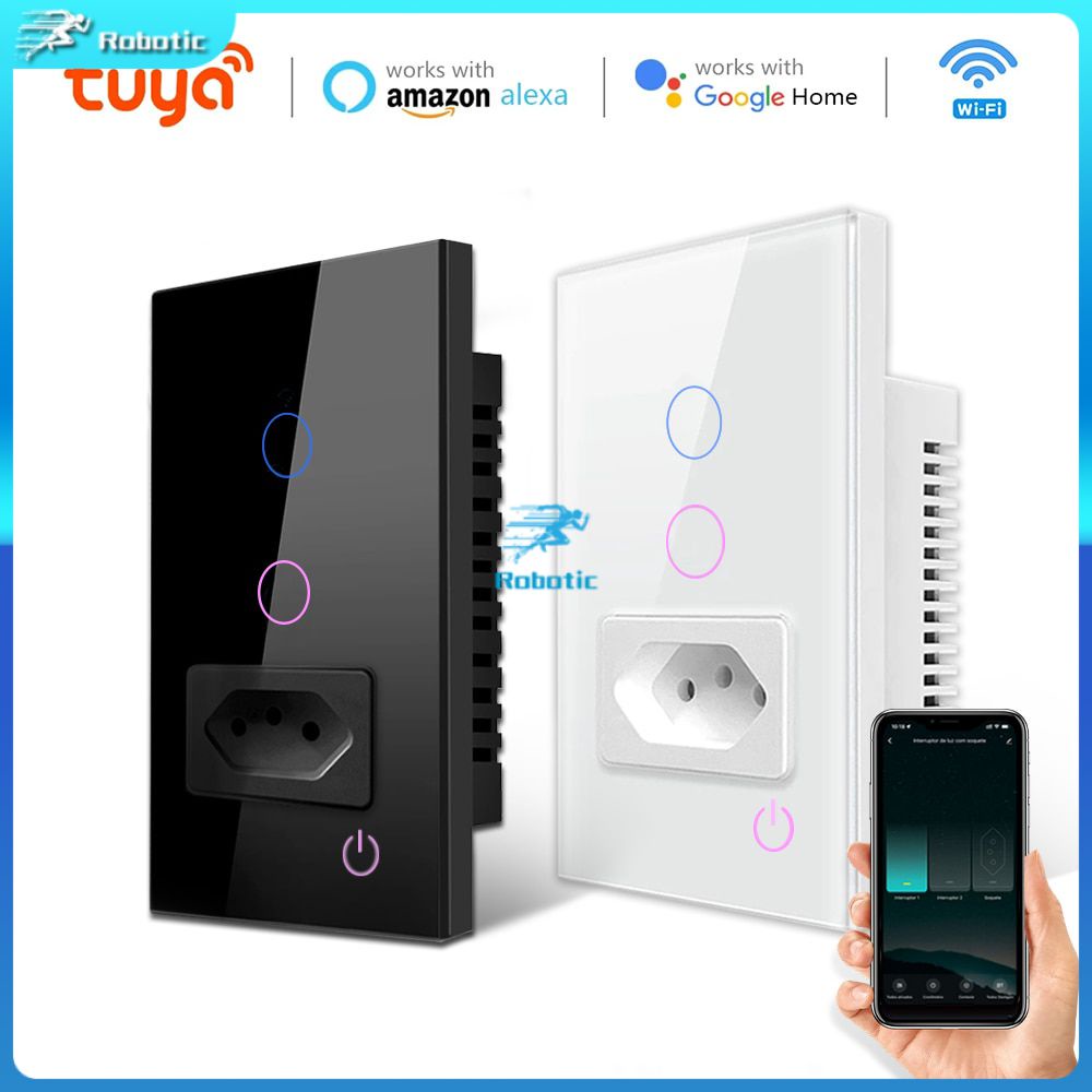 Interruptor Inteligente Wifi Com Tomada Tuya Brasil De Parede Leve 4X2 Painel De Vidro Alexa Google Home