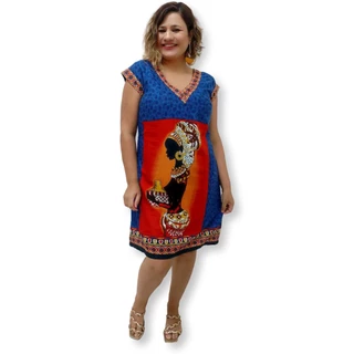 Vestido Curto Indiano com Manga Estampa Africana Decote em V