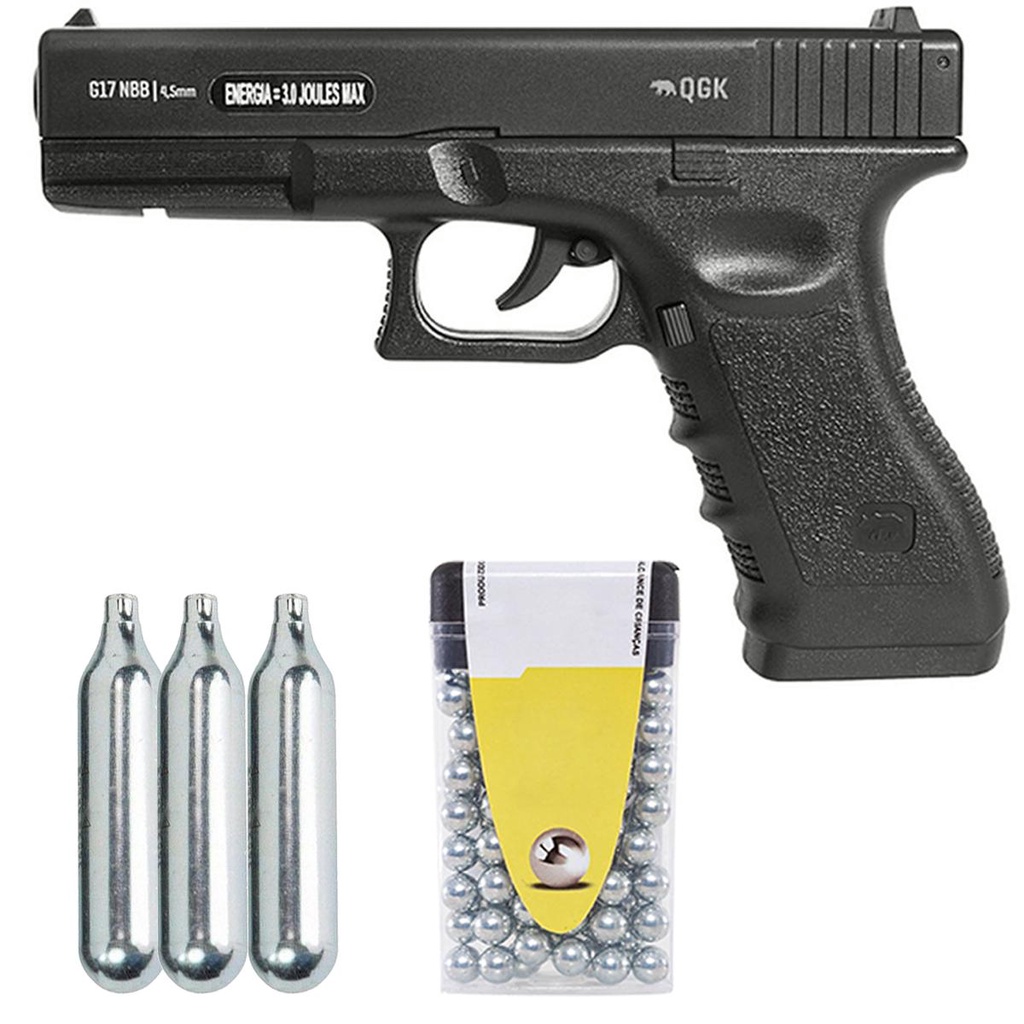 Pistola Airgun CO2 G17 Glock NBB 4.5mm - QGK + 300 Esferas + 3 Cilindros 