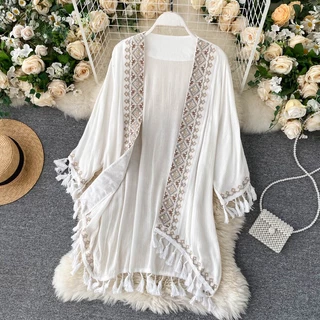 Bordado Étnico De Algodão Branco Kimono Mulher Blusa Longa Cardigan Ssummer Boho Beach Tassle Bohemian Bikini Cover Up