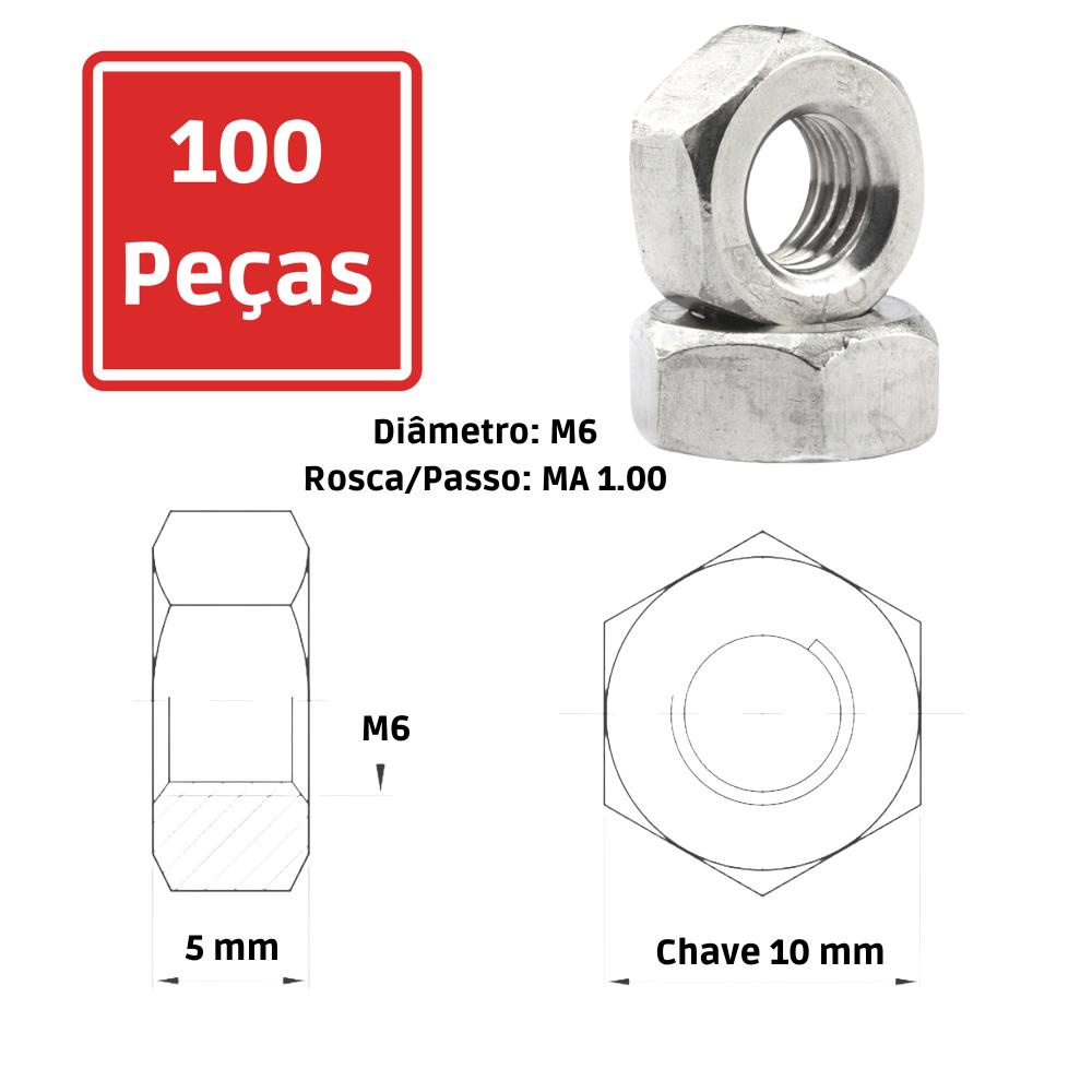 Porca Sextavada M6 x 1.00 Zincada - 100 Peças