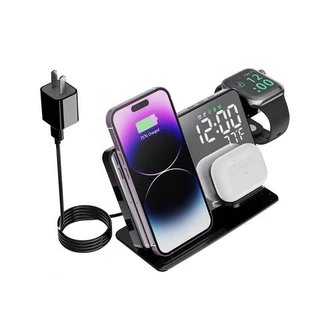 1 Conjunto Estação De Carregamento Sem Fio 4 Em 1 Suporte Dispositivos QI ABS Display LED Telefone Carregador Para Escritório