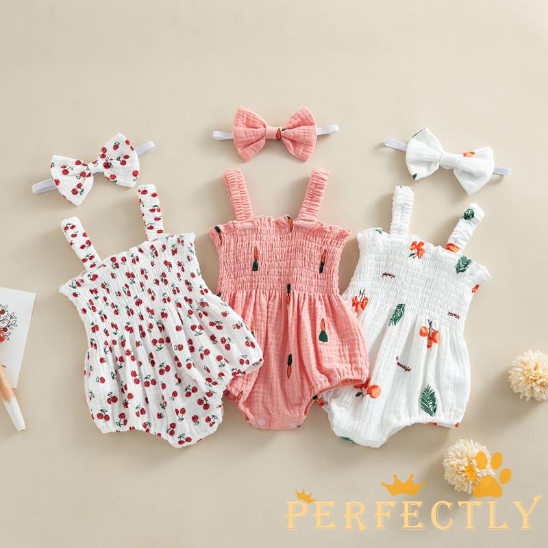 Perfeitamente Bebê Menina Sem Manga Cereja De Verão/Carrot/Tree Print Romper Com Fita De Cabeça