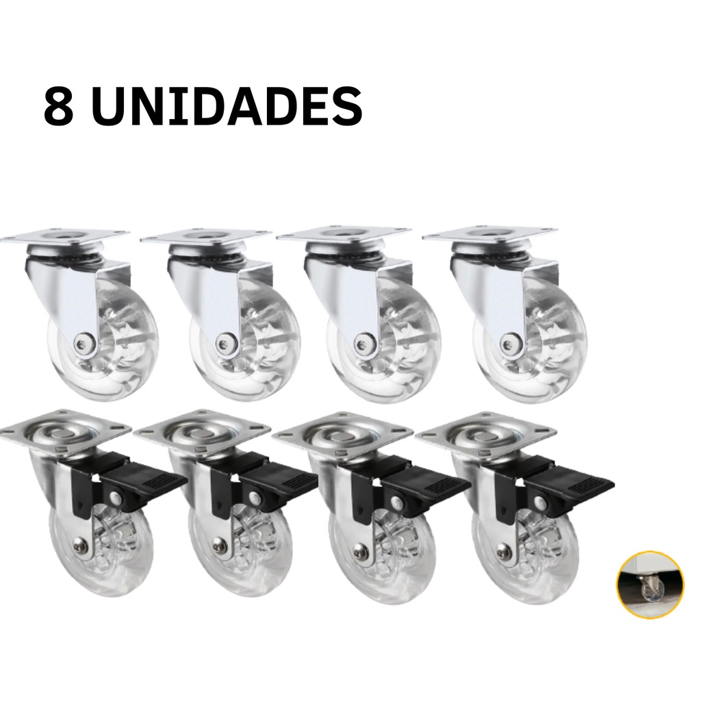 8x Rodízio Giratório Gel Rodinha Móveis 50mm 4 Trava 4 Sem