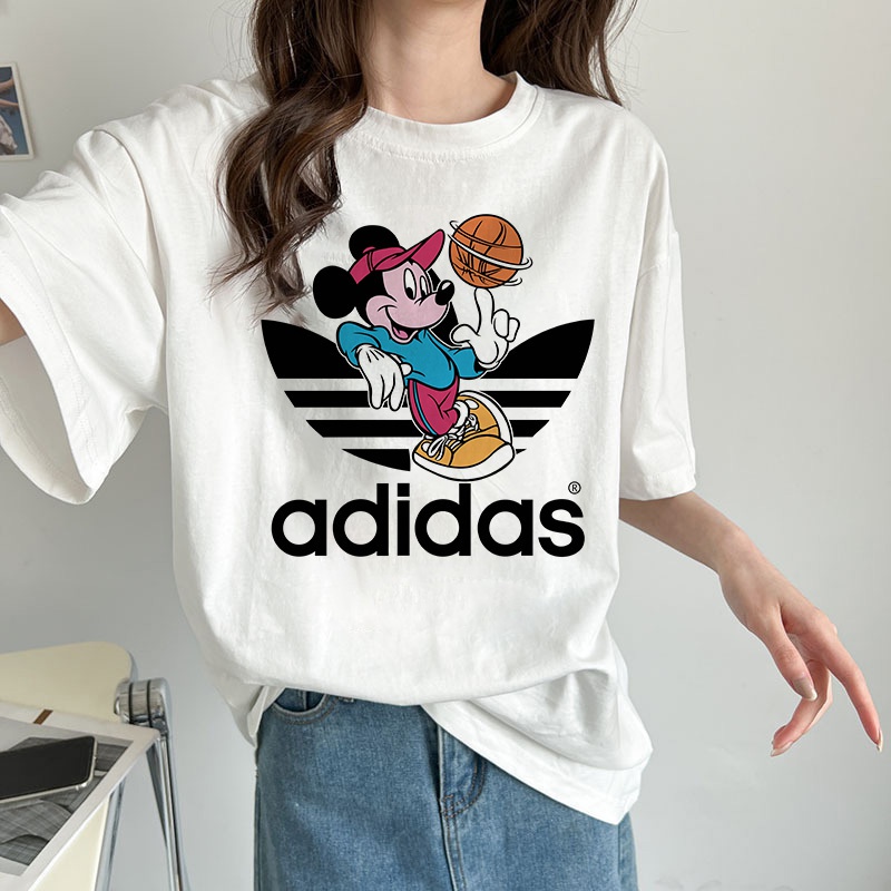S-3XL) AD Camiseta Feminina Coreana Mais Tamanho Esportiva De Pescoço Redondo De Alta Qualidade Mickey Print Top 100 % Algodão