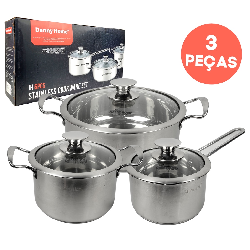 Jogo de Panelas Antiaderente Aço Inox 3 Peças Conjunto