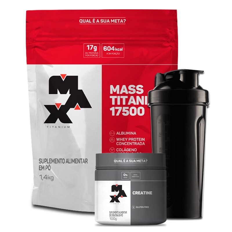 Kit Mass Titanium Hipercalorico 1,4kg + Creatina 100g + Coqueteleira – Max Titanium