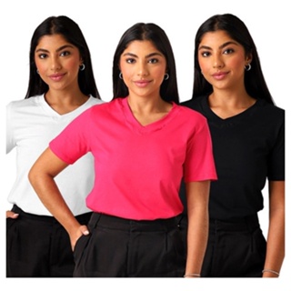 Kit 03 T Shirt Feminina Básica Gola V Algodão Premium