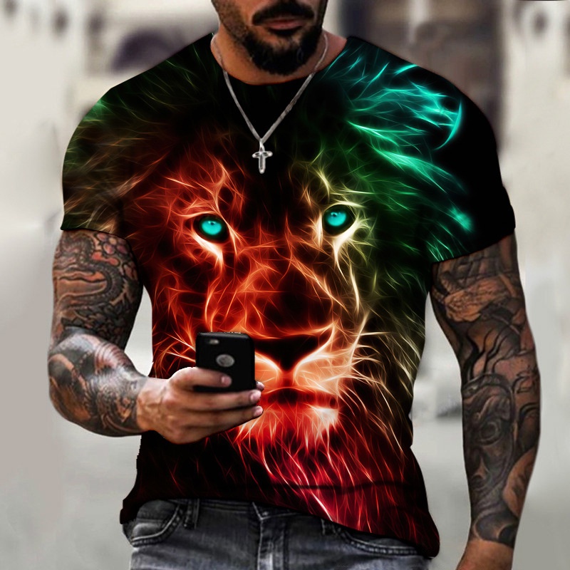 Tamanho Grande S-5XL Harajuku Camisa 3D Harajuku Camisa de Leão para Homens Impressão Novo Estilo Moda Moda de Verão Camisa de Manga Curta com Pescoço Redondo