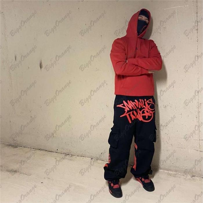 2023 calças de hip hop com estampa solta kuzi moda streetwear multi-bolso calças de hip hop bruxvery Y2k calças cargo de cenoura calças masculinas