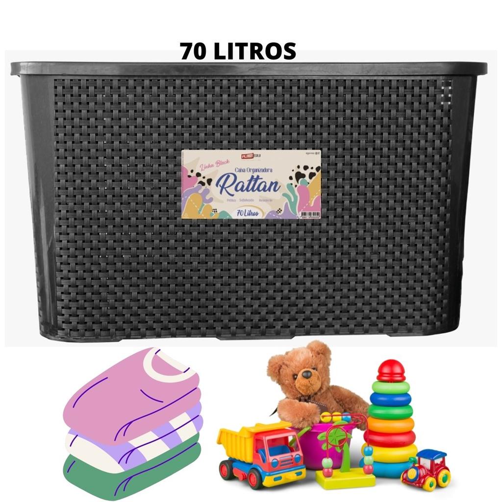 Caixa organizadora extra grande rattan 70 litros com tampa empilhavel para otimiza espaco quarto cozinha