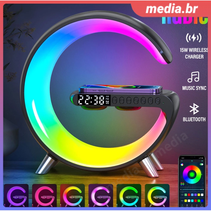 15w Carregador Relógio Despertador Desk Lamp Atmosfera Levou Luz RGB Sem  Fio Bluetooth Speaker Com Controle De Aplicativo Para Iphone 14 13 12 11 8  Lampada_br