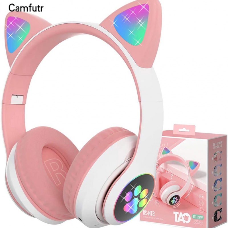 Fones De Ouvido Fofos Gato Orelha Led Ilumine Dobr Vel Bluetooth Fone Sem Fio De M Sica Capacete