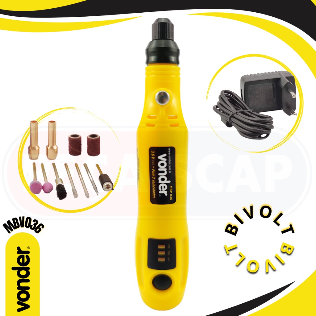 Micro Retífica Vonder MBV036 Profissional Com 12 Peças 15000rpm À Bateria 3,6v 100V/240V